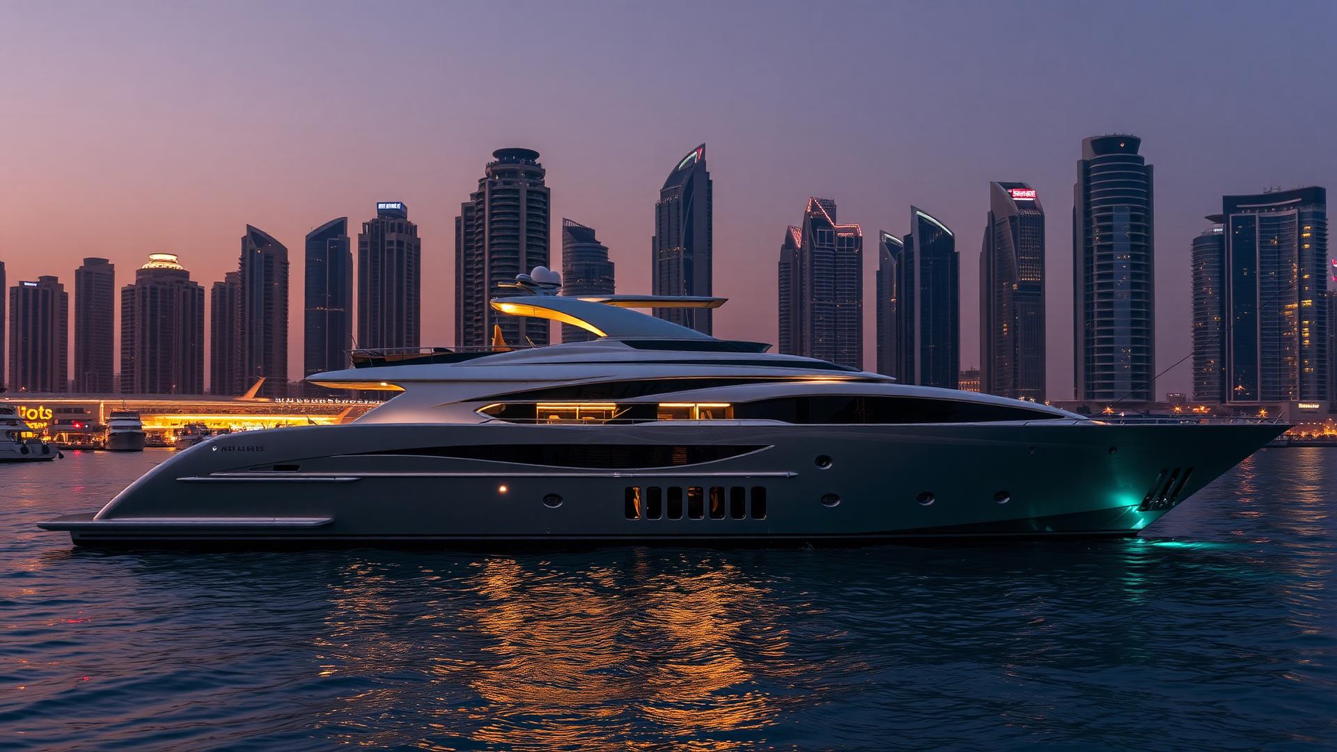 Superyacht at sunset in Dubai Marina